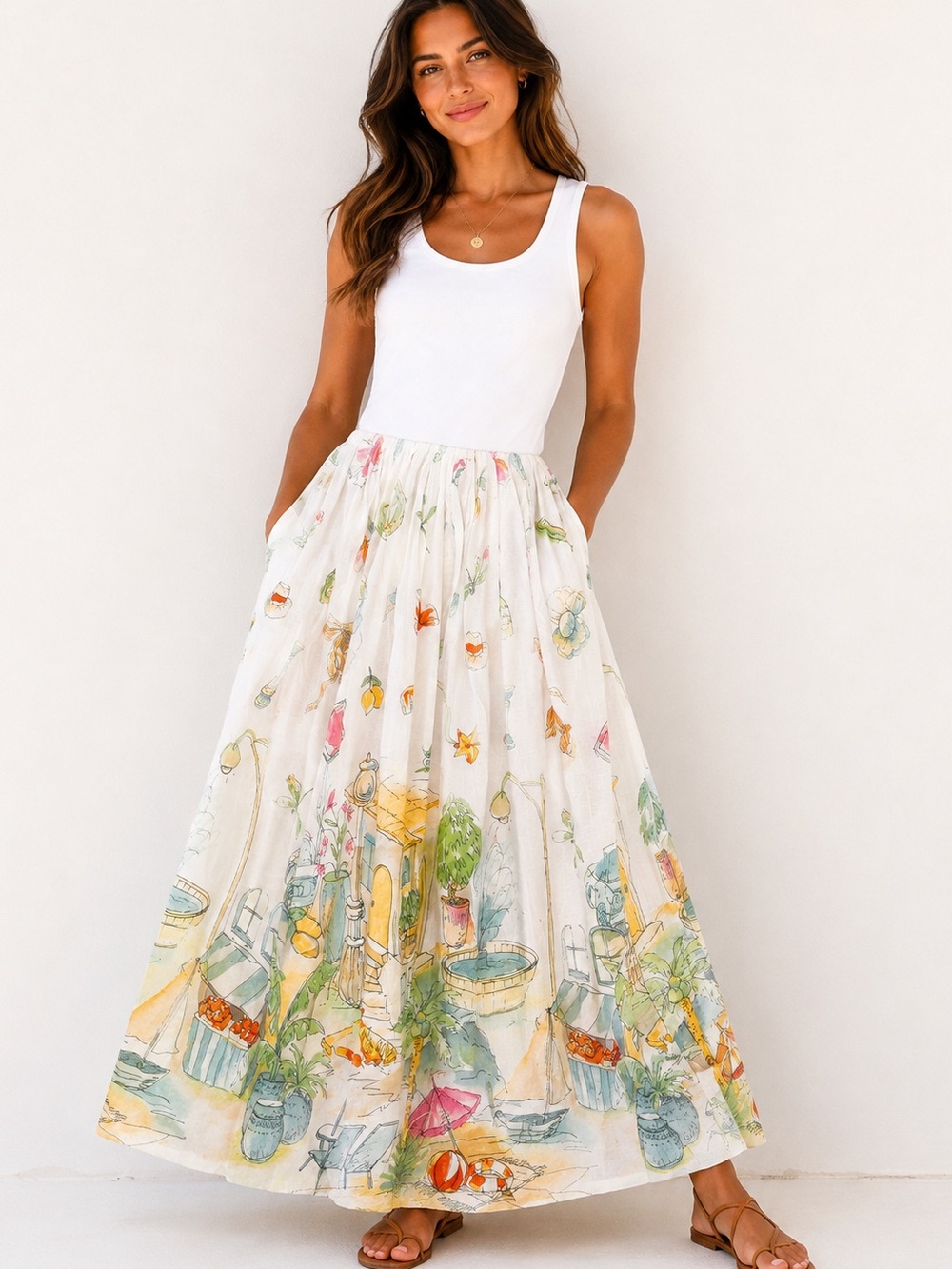 S9S.NWT $250 Moon River White Floral Watercolor Maxi dress
